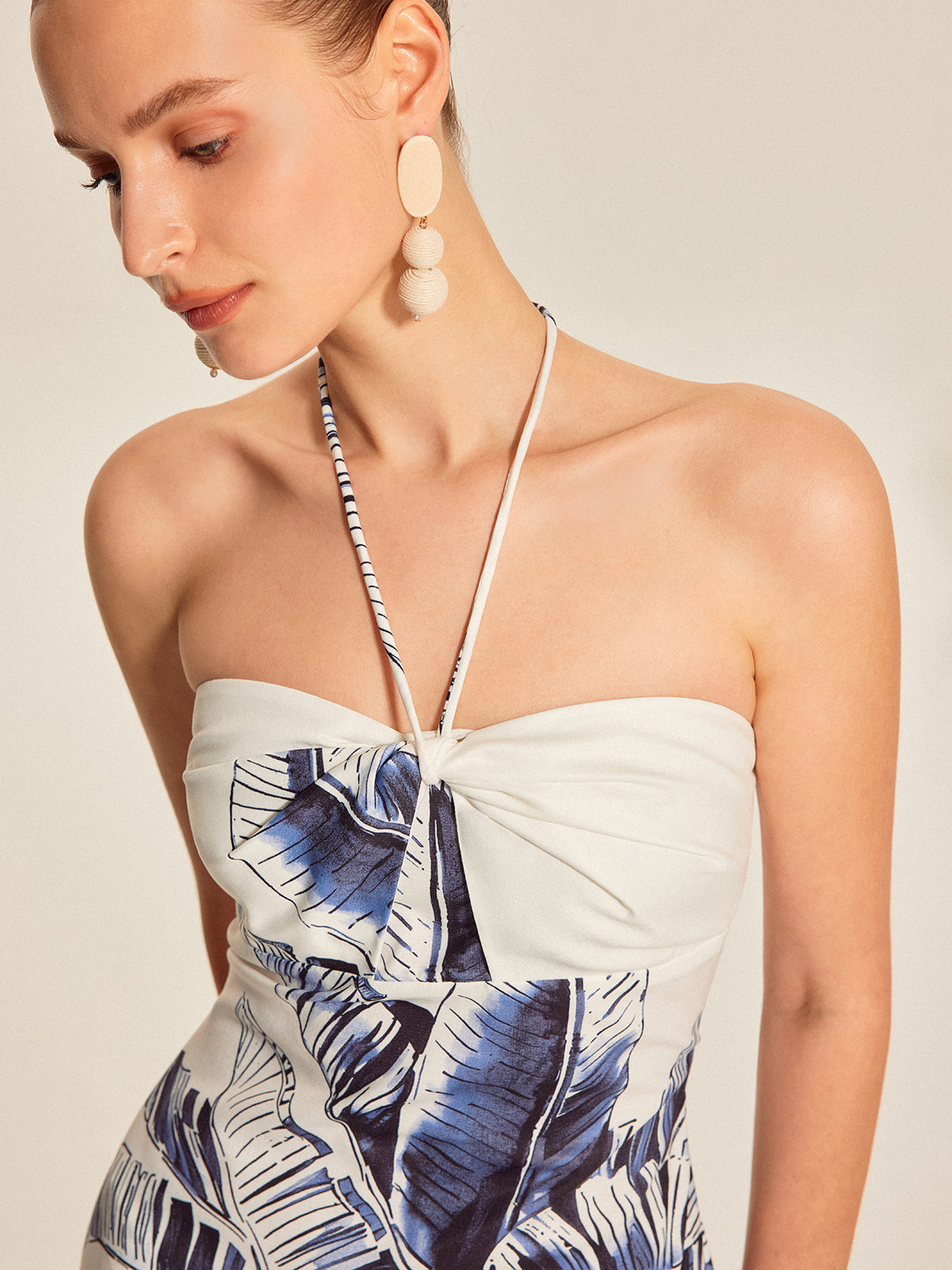Print Tie Halter Strapless Dress-Massicos