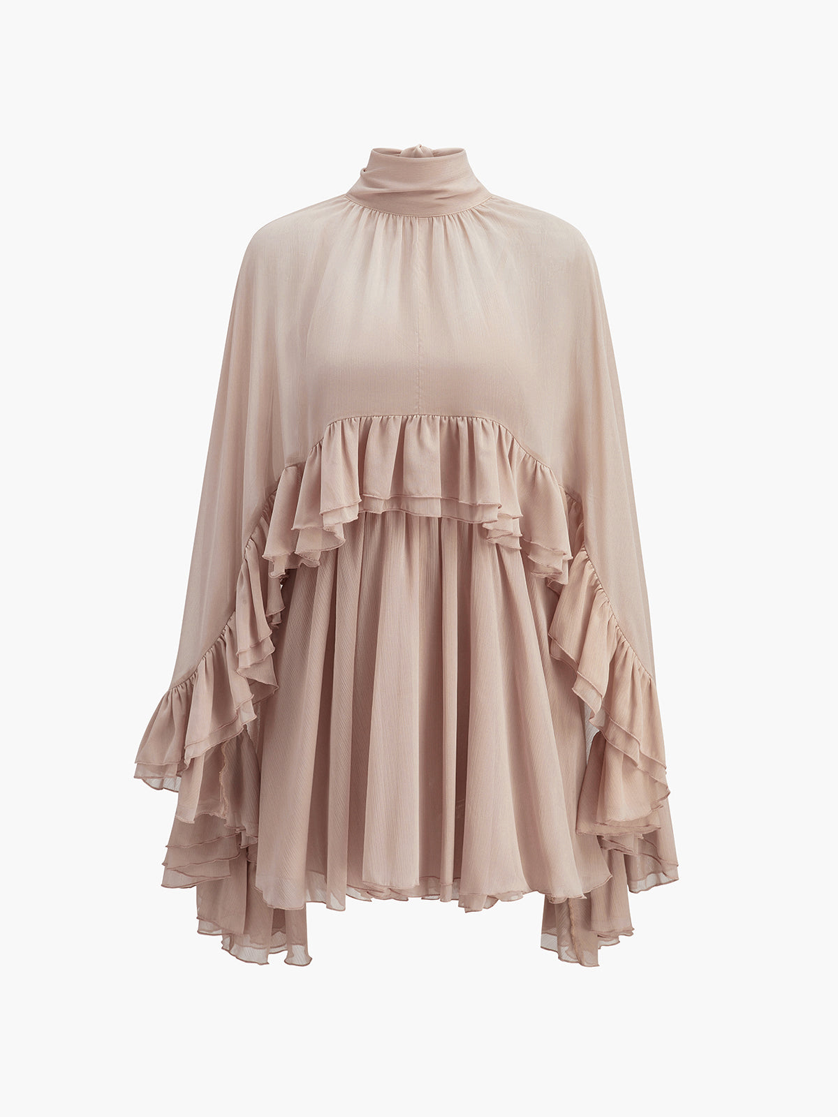 Semi-Sheer Chiffon Ruffle Dress With Outer Cape-Massicos
