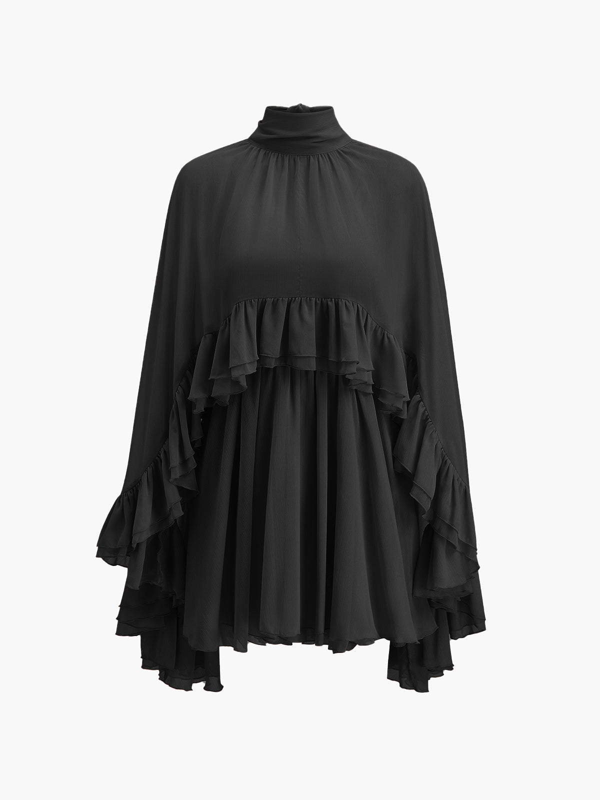 Semi-Sheer Chiffon Ruffle Dress With Outer Cape-Massicos