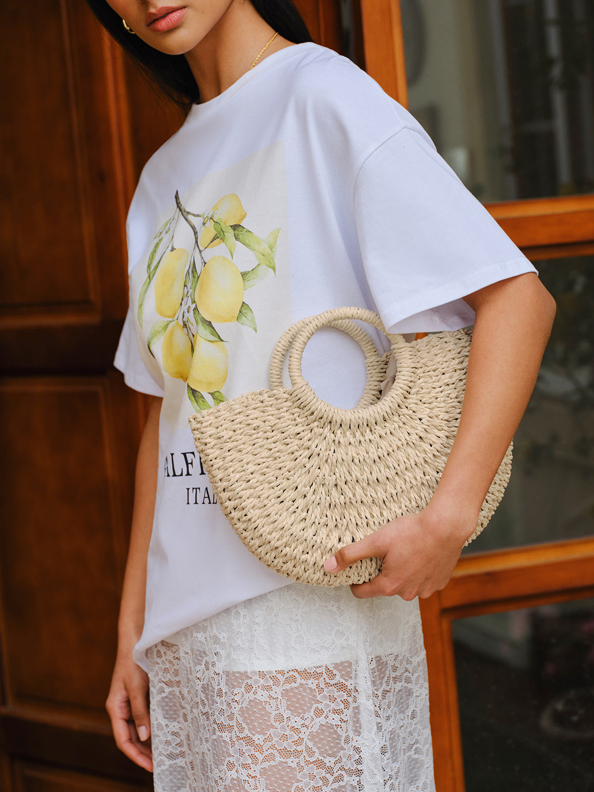 Woven Straw Half-Moon Tote Bag-Massicos
