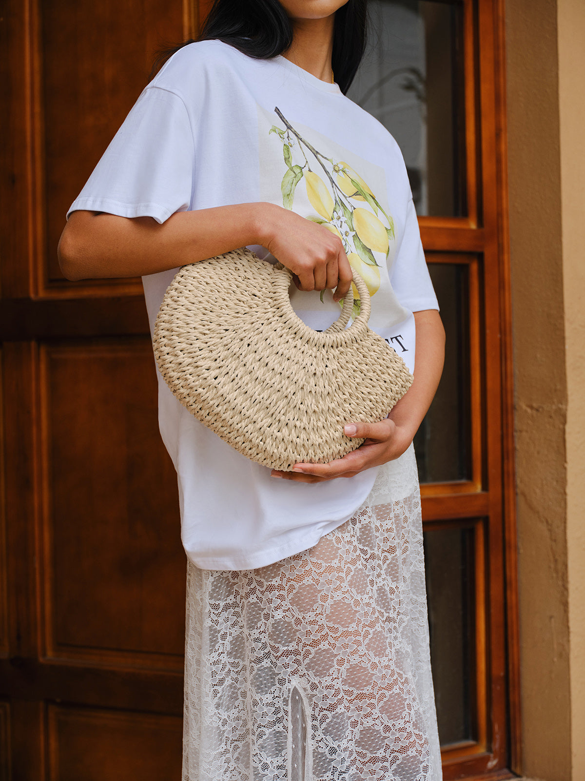 Woven Straw Half-Moon Tote Bag-Massicos