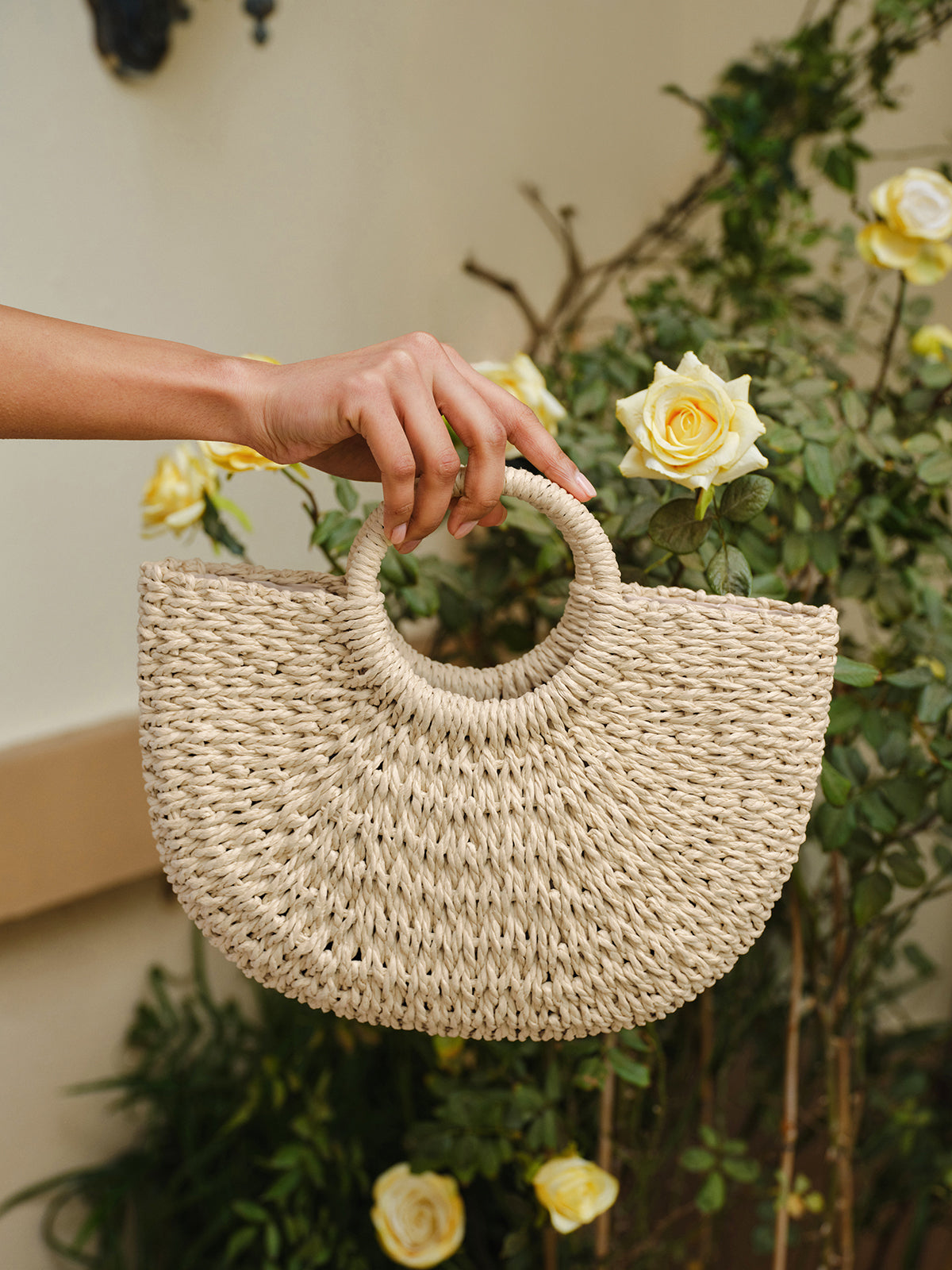 Woven Straw Half-Moon Tote Bag-Massicos