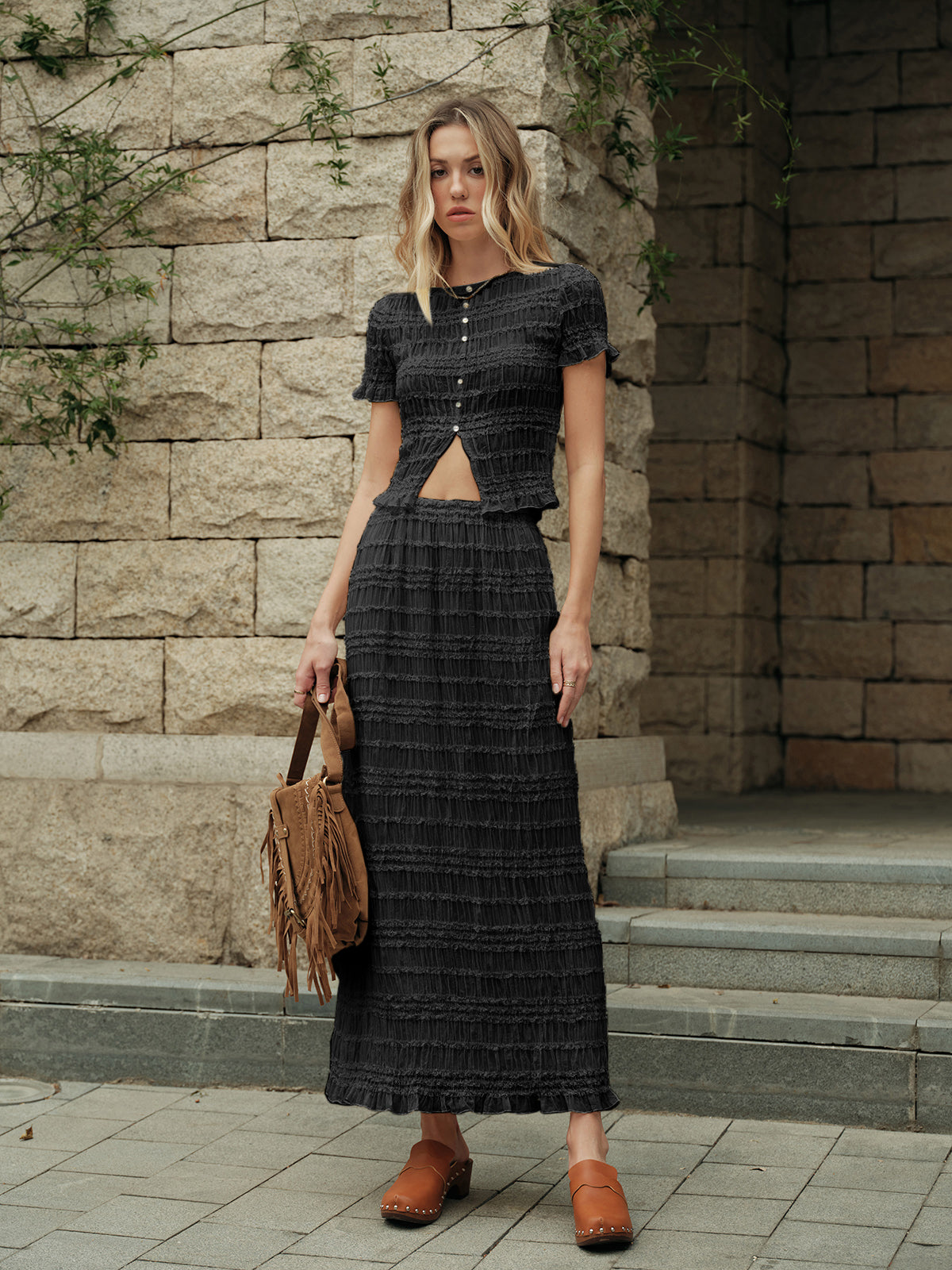 Ruffled Crop Top Skirt Set-Massicos