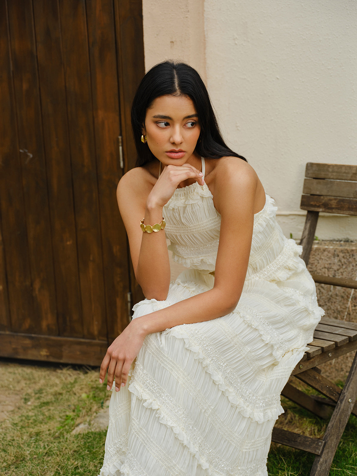 Smocked Halter Crop Top With Tiered Skirt Set-Massicos
