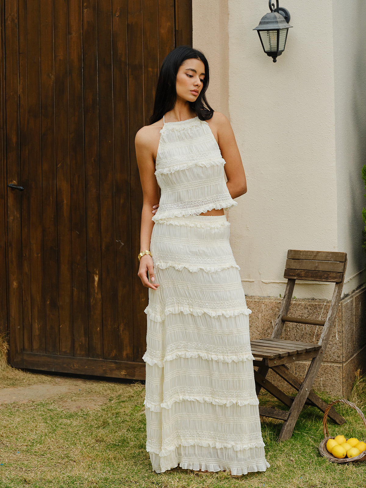 Smocked Halter Crop Top With Tiered Skirt Set-Massicos