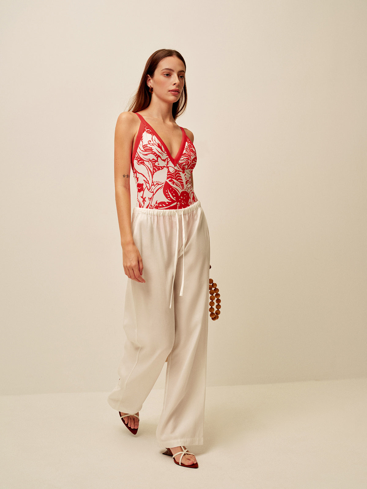 Tropical Print V-Neck One-Piece Swimsuit-Massicos