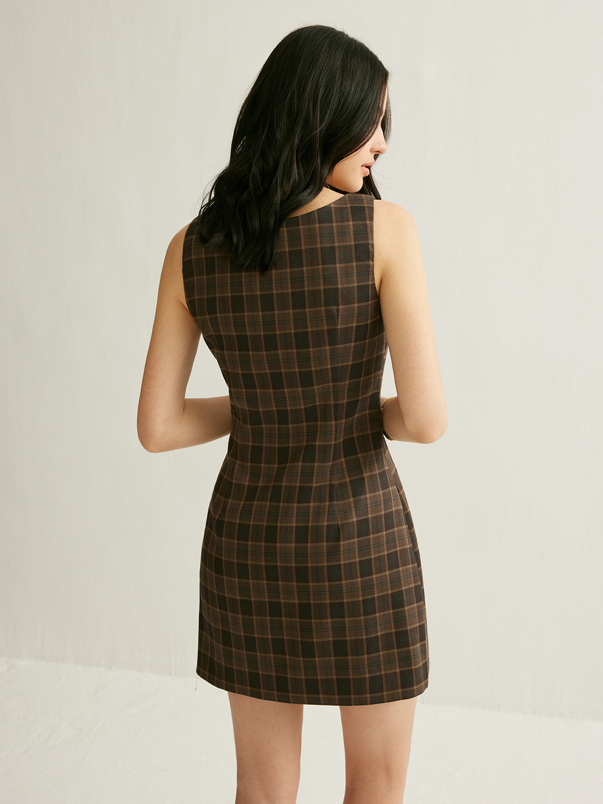 Checkerboard Knotted Sleeveless Short Dress-Massicos