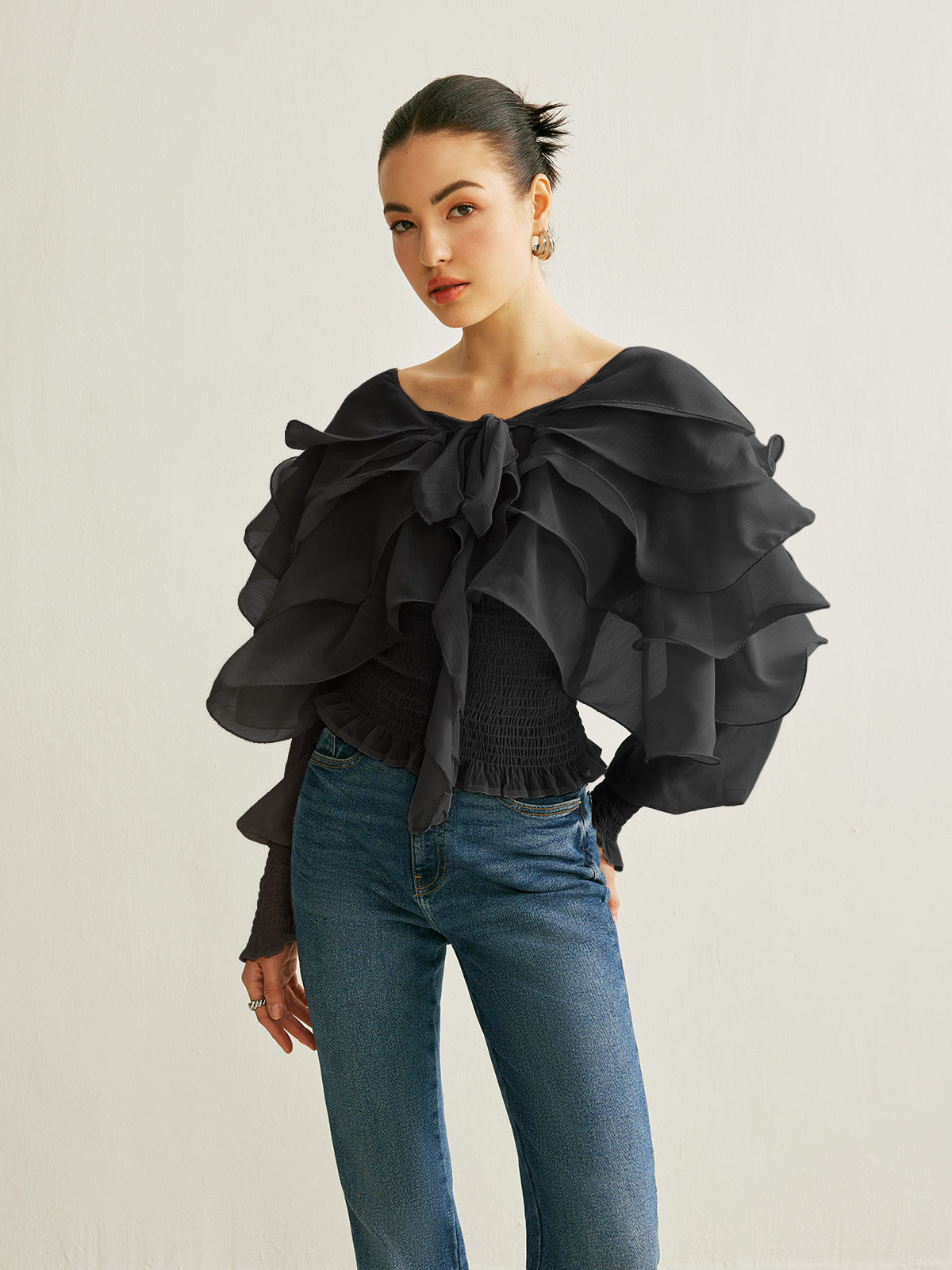 Semi-Sheer Chiffon Ruffle Backless Top-Massicos