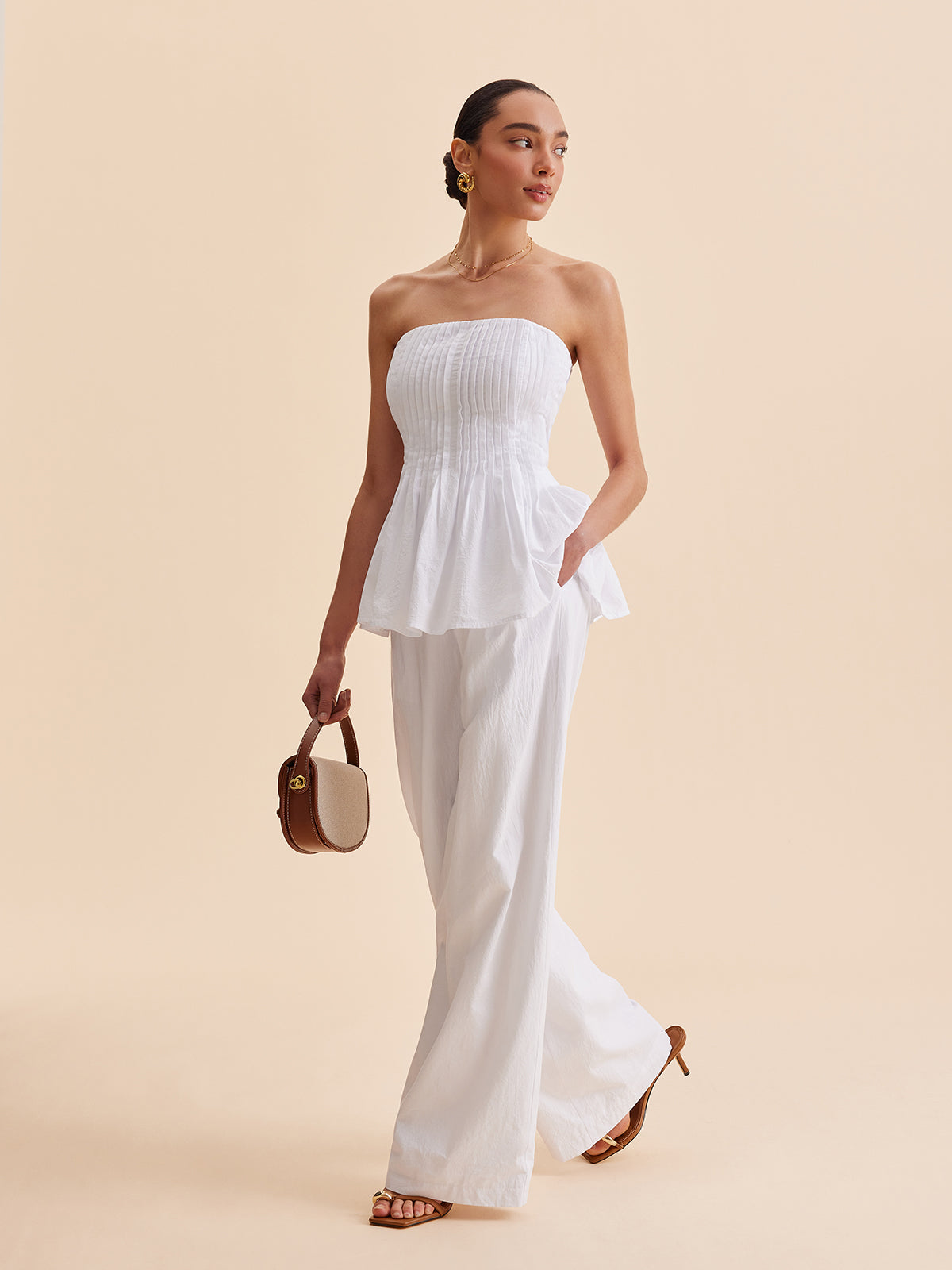 Cotton Pleated Strapless Peplum Top-Massicos