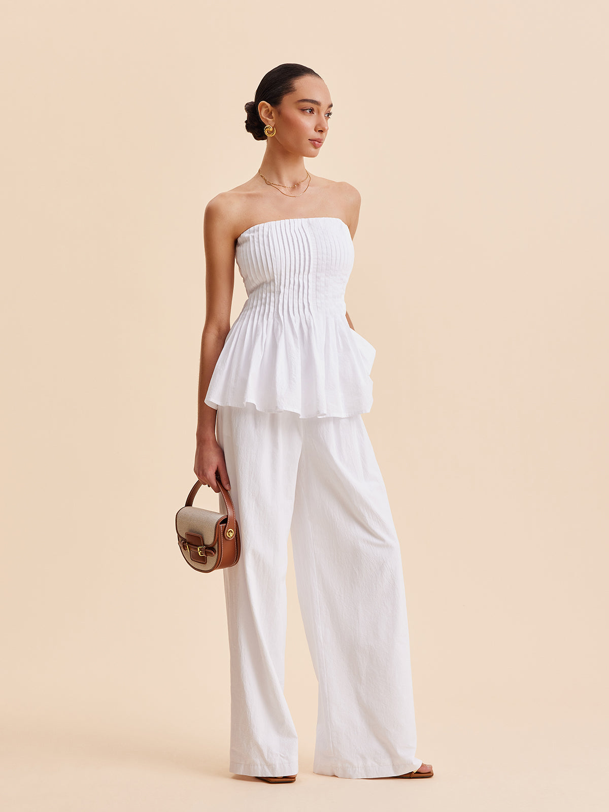 Cotton Pleated Strapless Peplum Top-Massicos