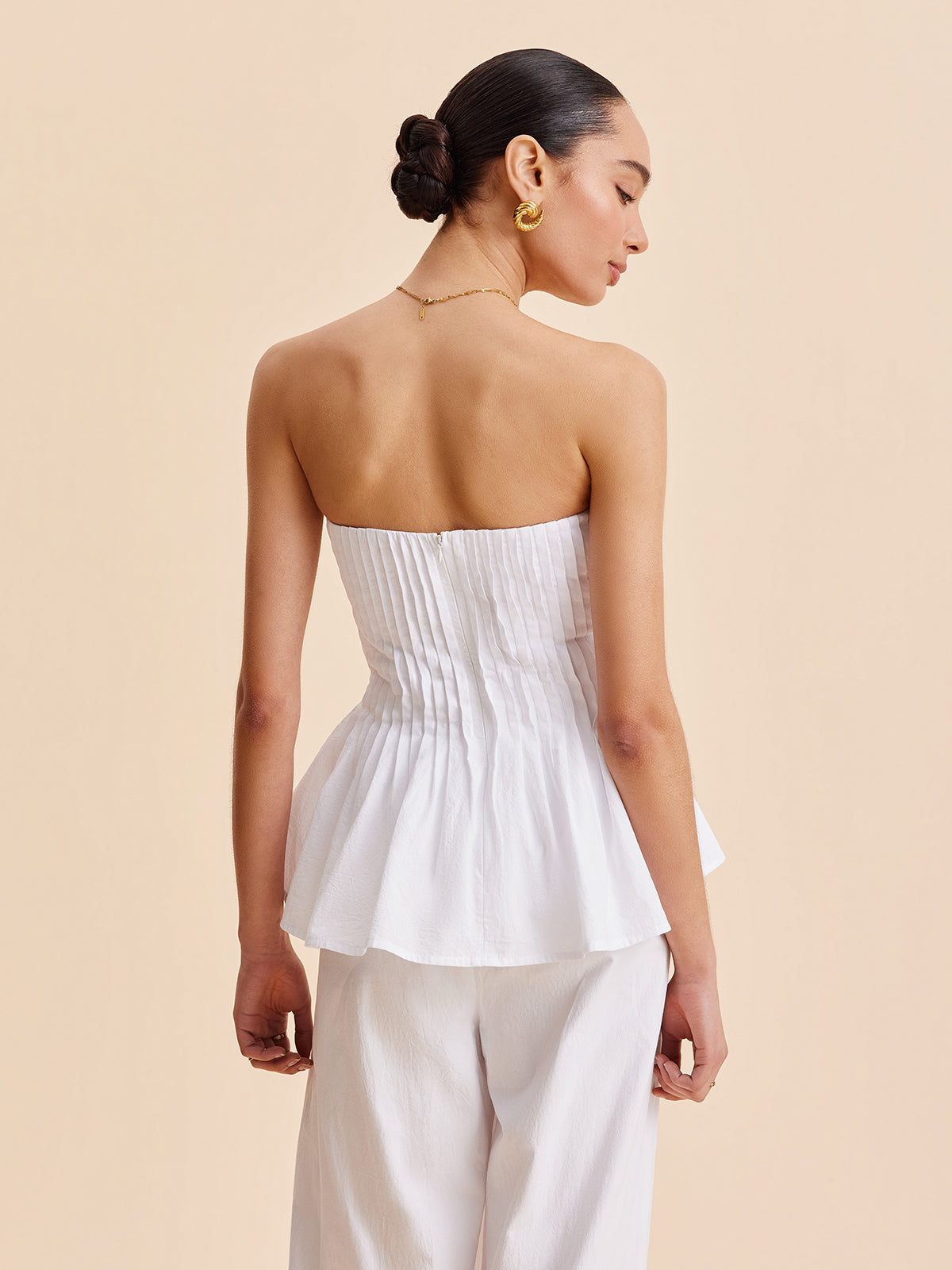 Cotton Pleated Strapless Peplum Top-Massicos