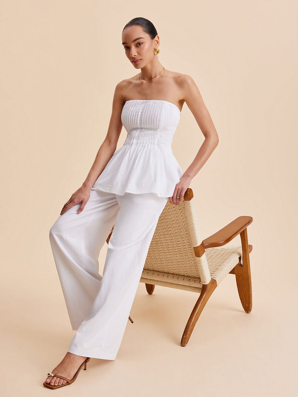 Cotton Pleated Strapless Peplum Top-Massicos