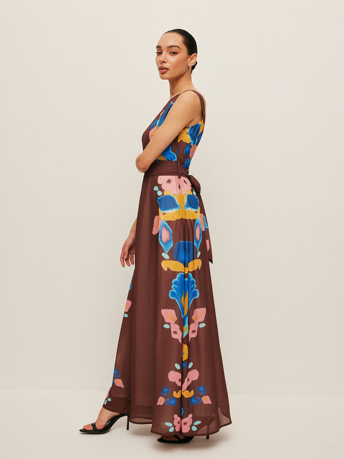 V-Back Bow Detail Printed Dress-Massicos