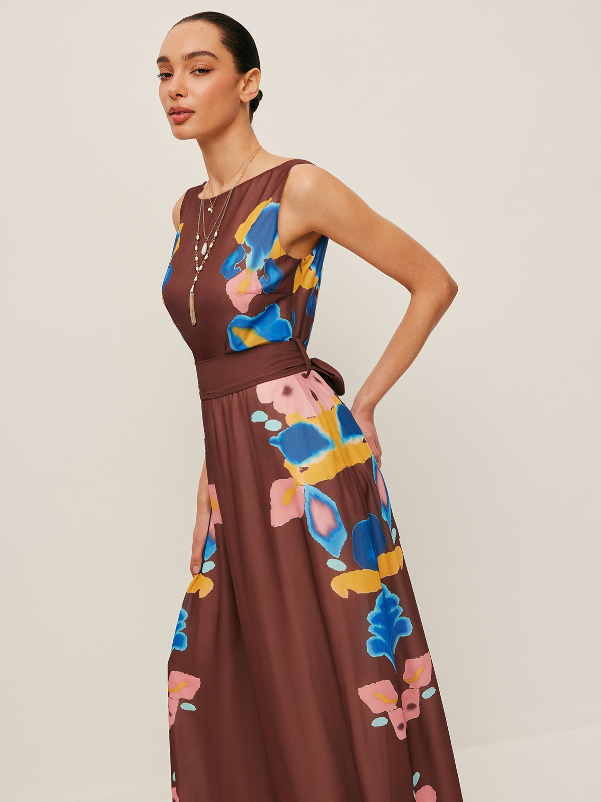 V-Back Bow Detail Printed Dress-Massicos