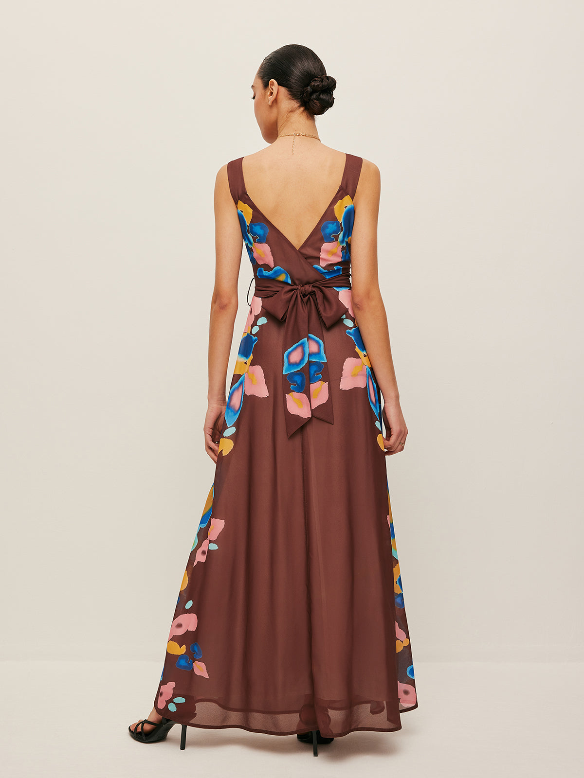 V-Back Bow Detail Printed Dress-Massicos