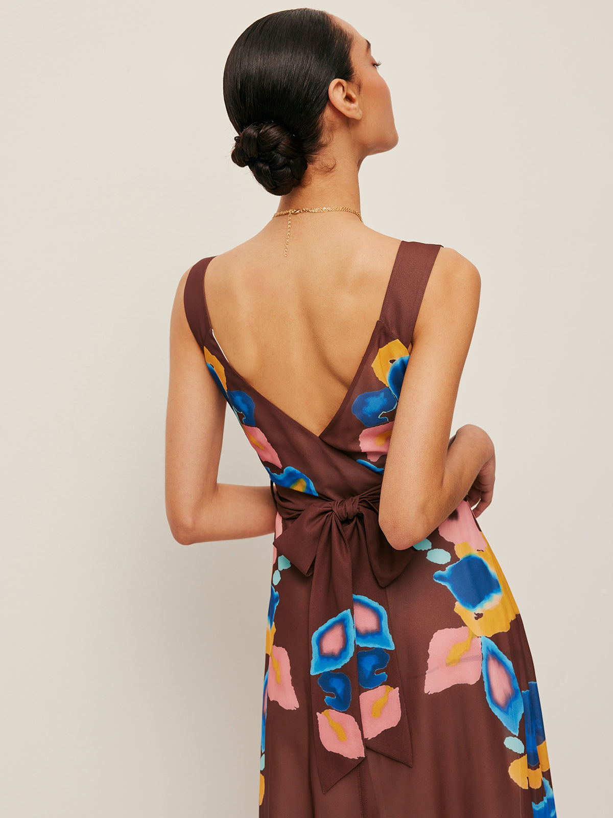 V-Back Bow Detail Printed Dress-Massicos