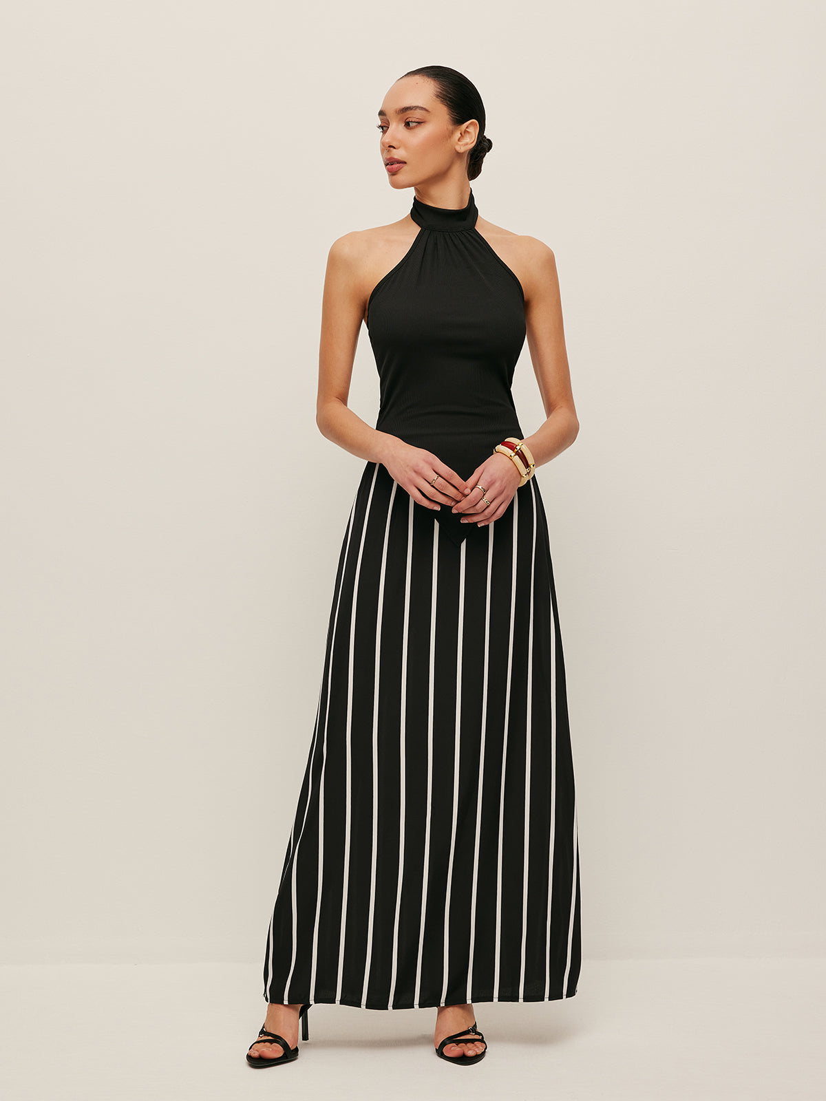 High Neck Asymmetric Panel Stripe Skirt Set-Massicos