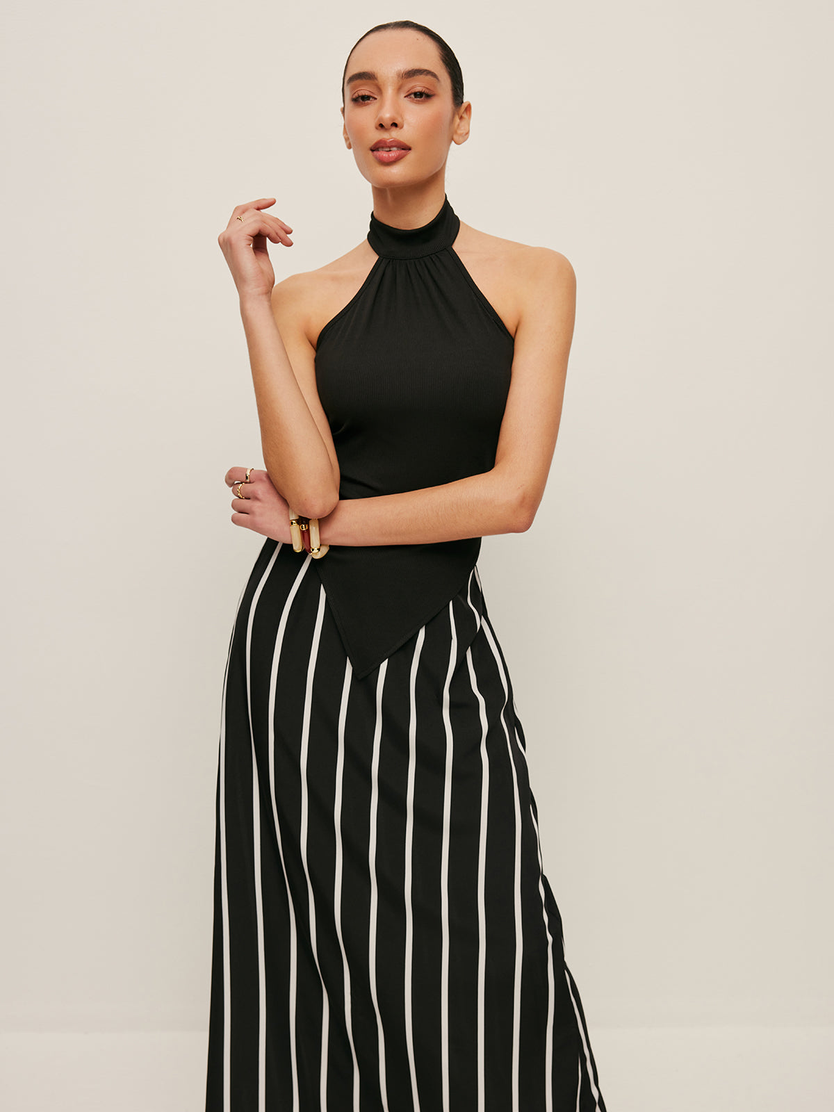 High Neck Asymmetric Panel Stripe Skirt Set-Massicos