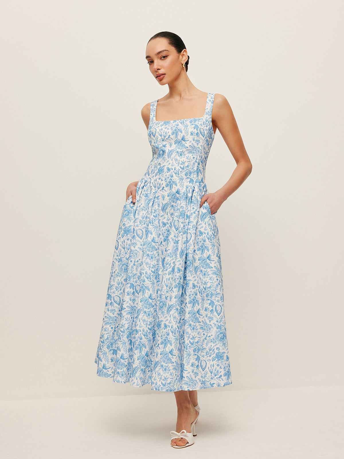 Square-Neck Printed Dress With Pockets-Massicos