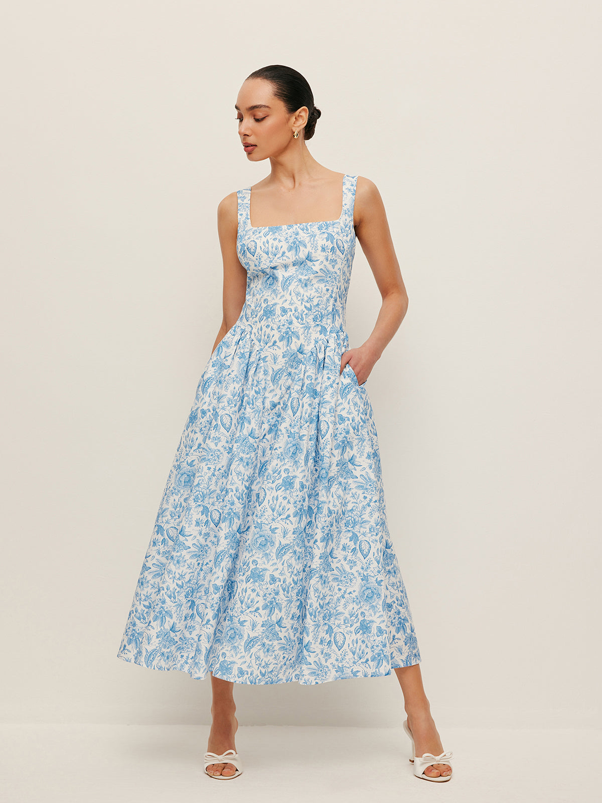 Square-Neck Printed Dress With Pockets-Massicos