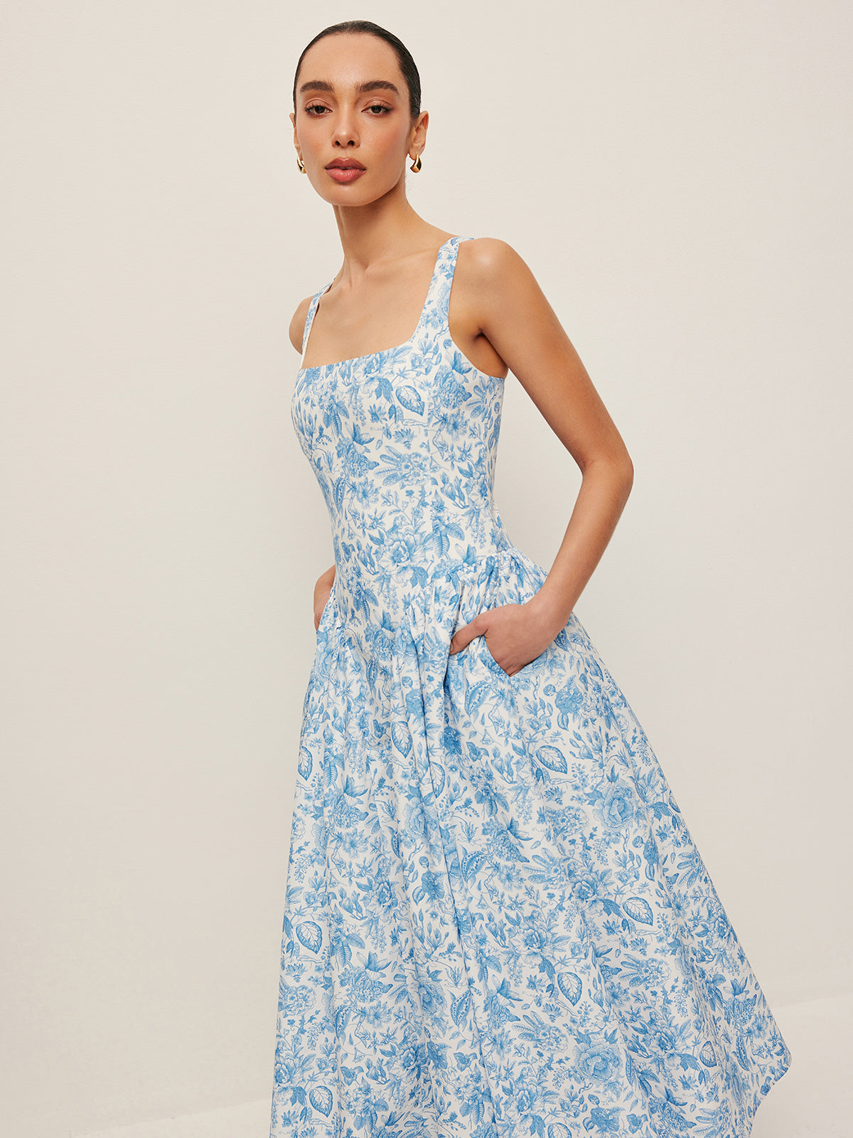 Square-Neck Printed Dress With Pockets-Massicos