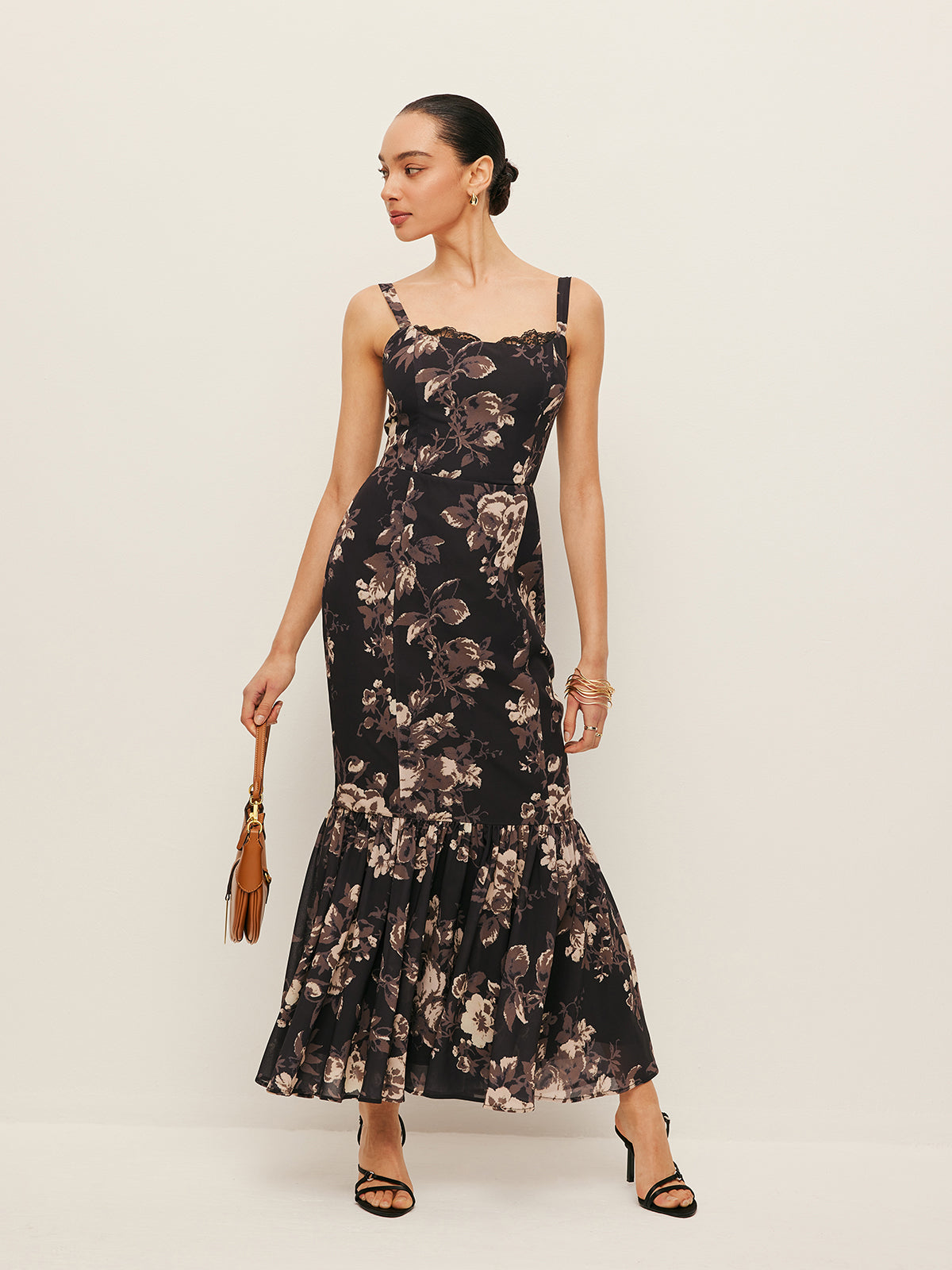 Chiffon Floral Ruffle Hem Dress-Massicos