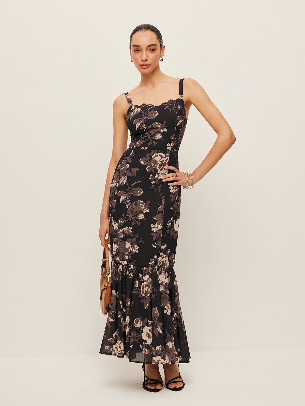 Chiffon Floral Ruffle Hem Dress-Massicos