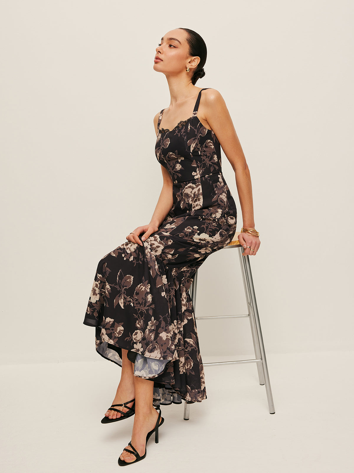 Chiffon Floral Ruffle Hem Dress-Massicos