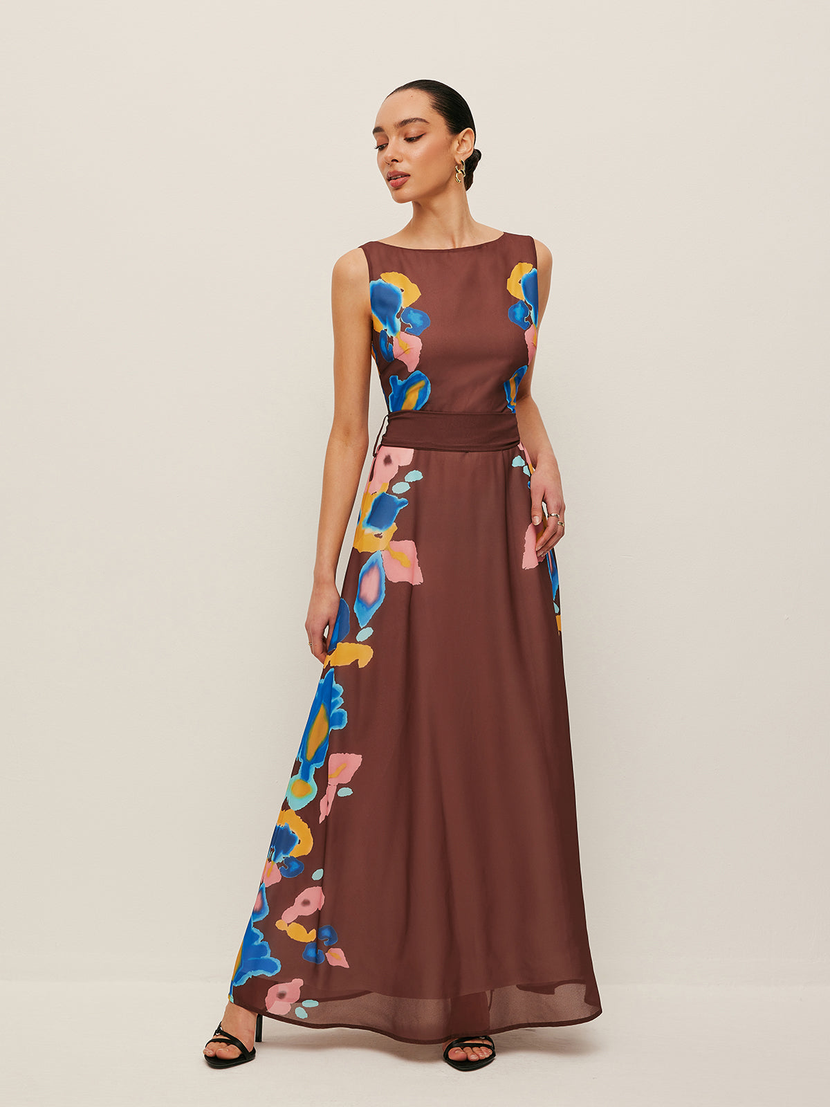 V-Back Bow Detail Printed Dress-Massicos