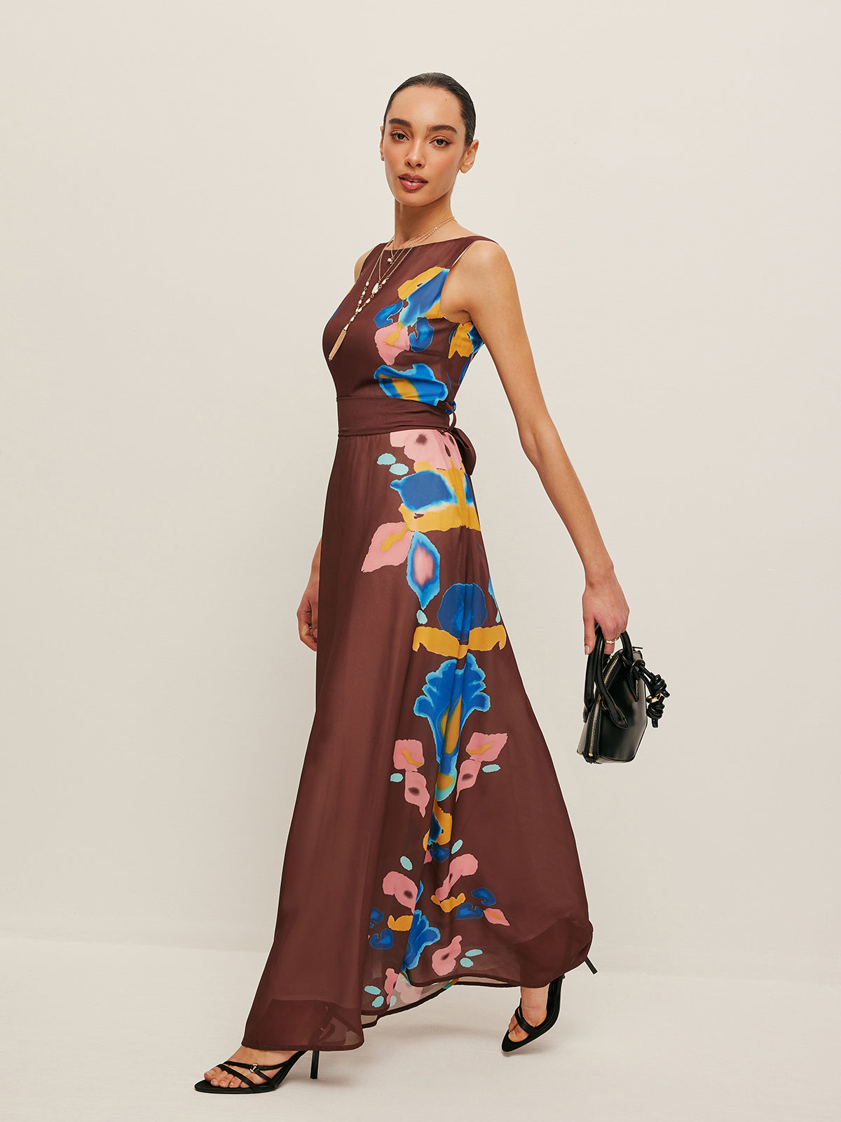 V-Back Bow Detail Printed Dress-Massicos