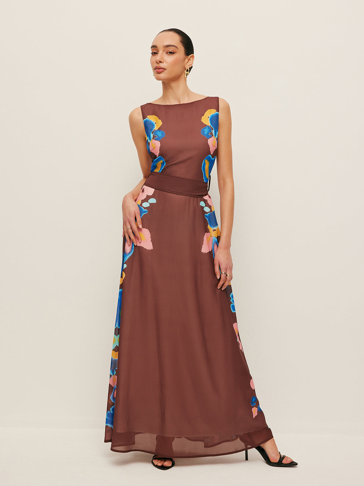 V-Back Bow Detail Printed Dress-Massicos