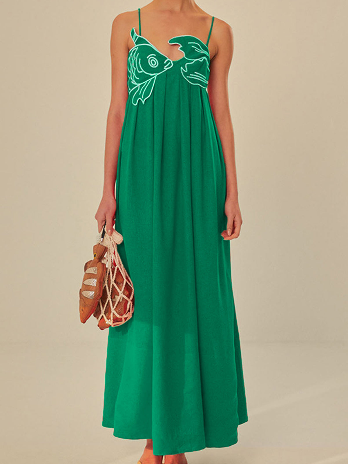 Embroidered Fish Semi-Sheer Cami Dress-Massicos
