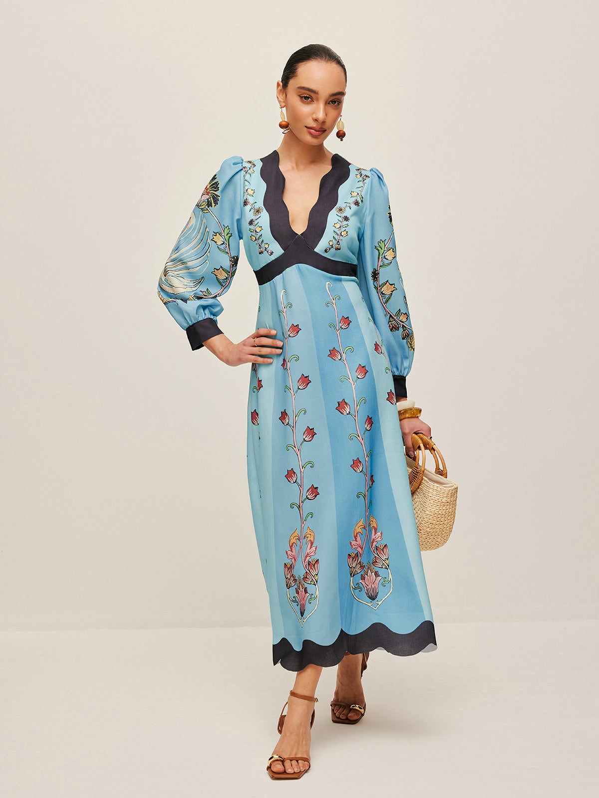 Open-Back Puff Sleeve Floral Dress-Massicos