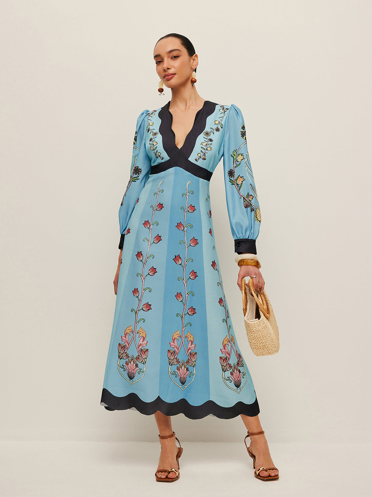 Open-Back Puff Sleeve Floral Dress-Massicos