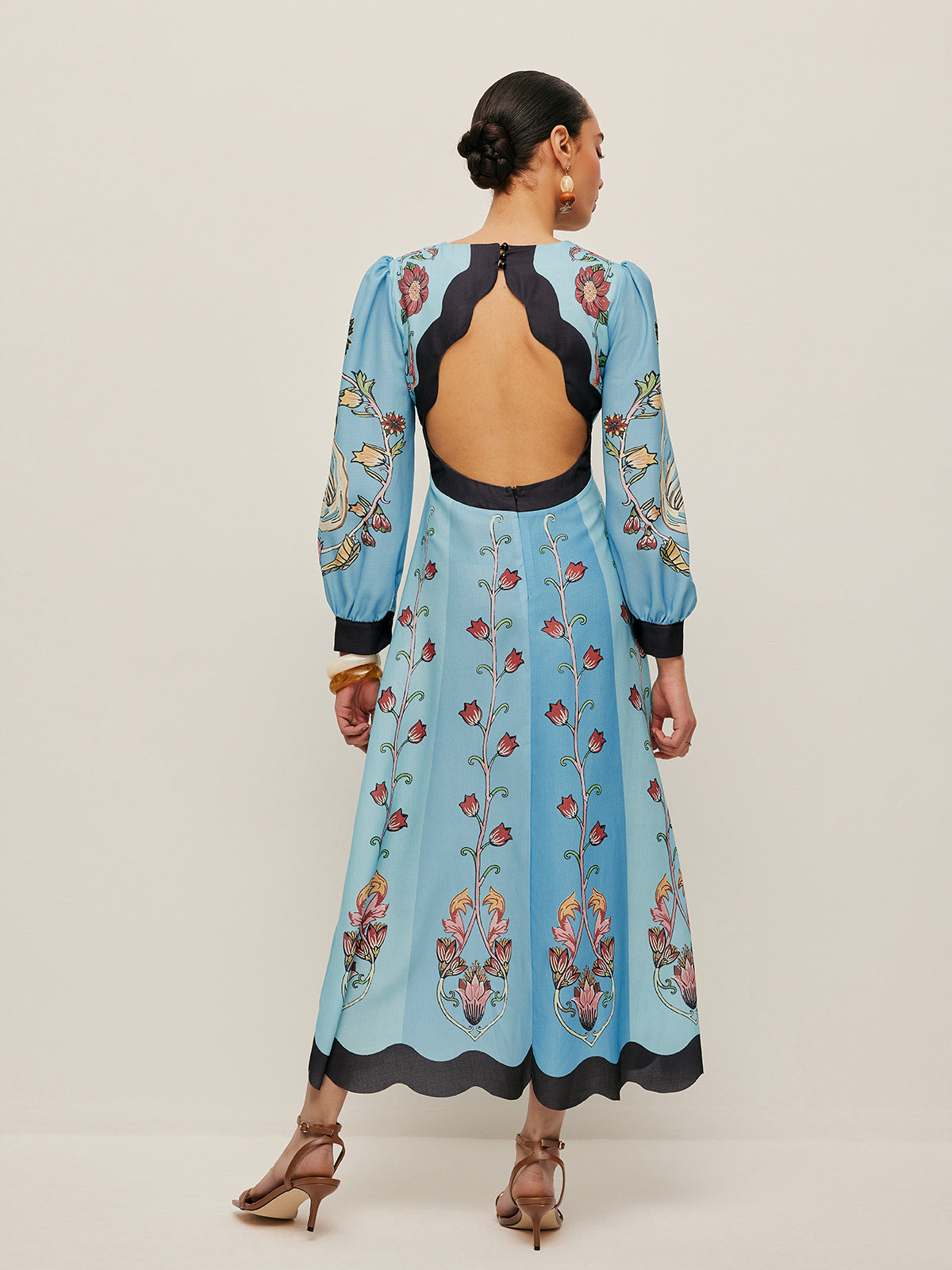 Open-Back Puff Sleeve Floral Dress-Massicos