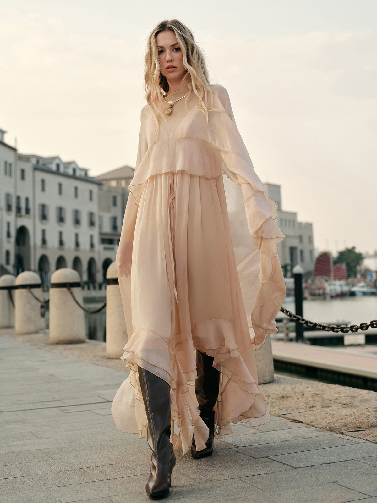 Semi-Sheer Chiffon Layered Dress With Cloak-Massicos