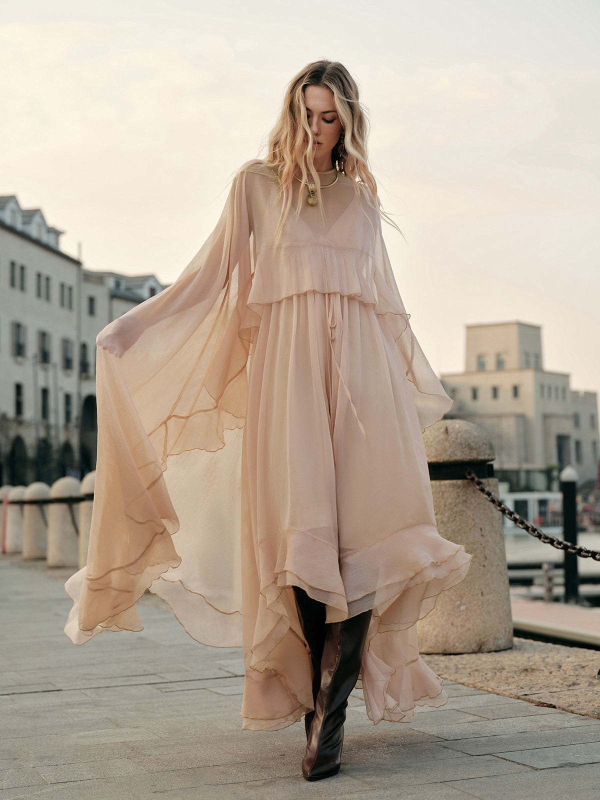 Semi-Sheer Chiffon Layered Dress With Cloak-Massicos