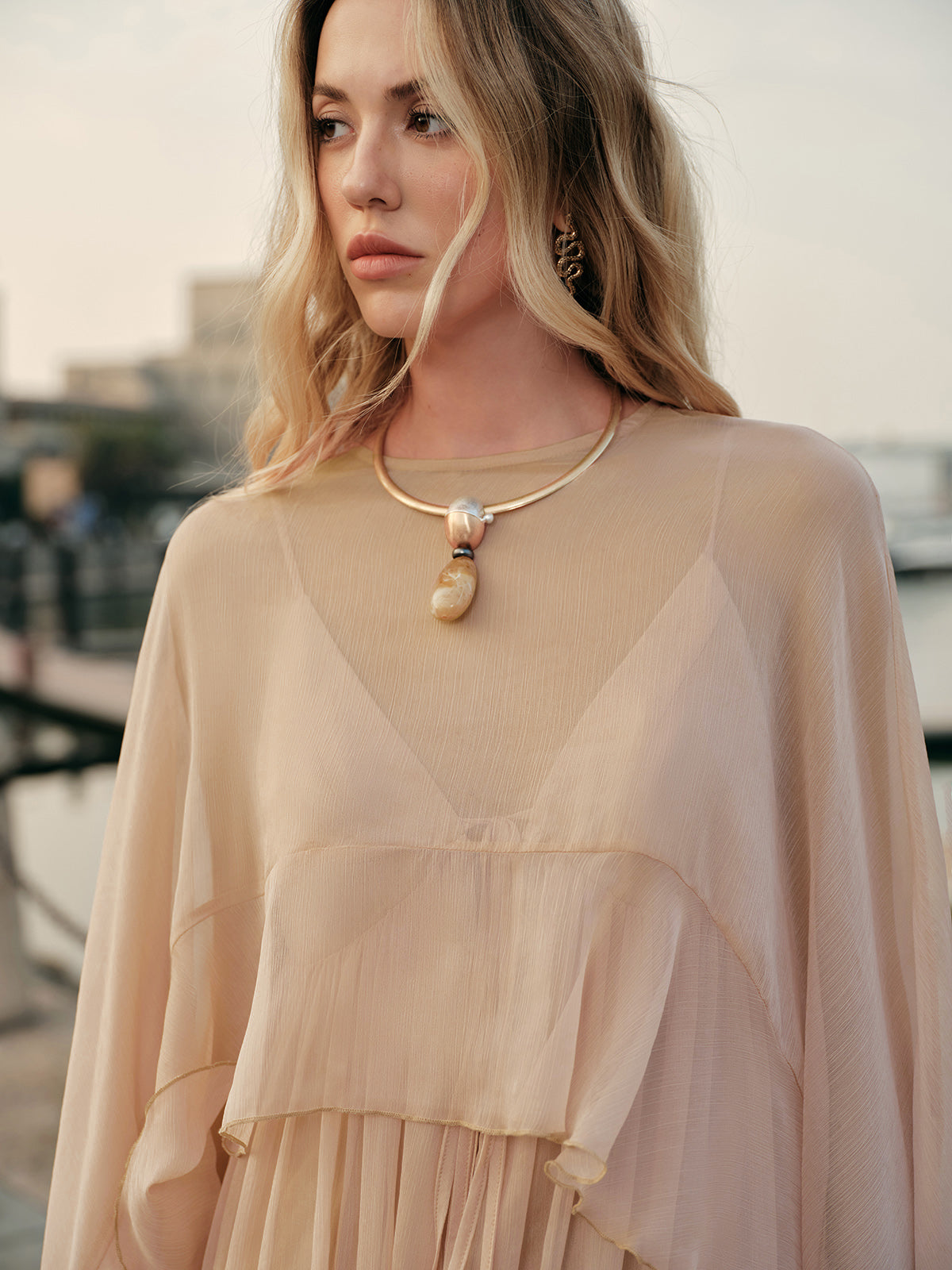 Semi-Sheer Chiffon Layered Dress With Cloak-Massicos