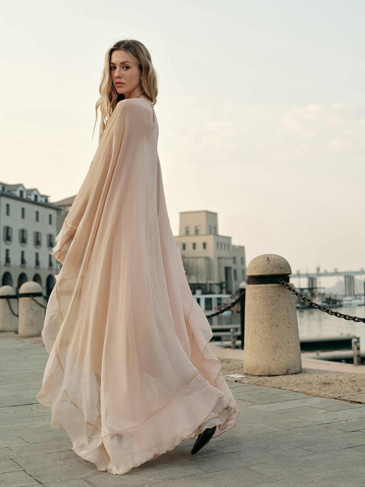 Semi-Sheer Chiffon Layered Dress With Cloak-Massicos