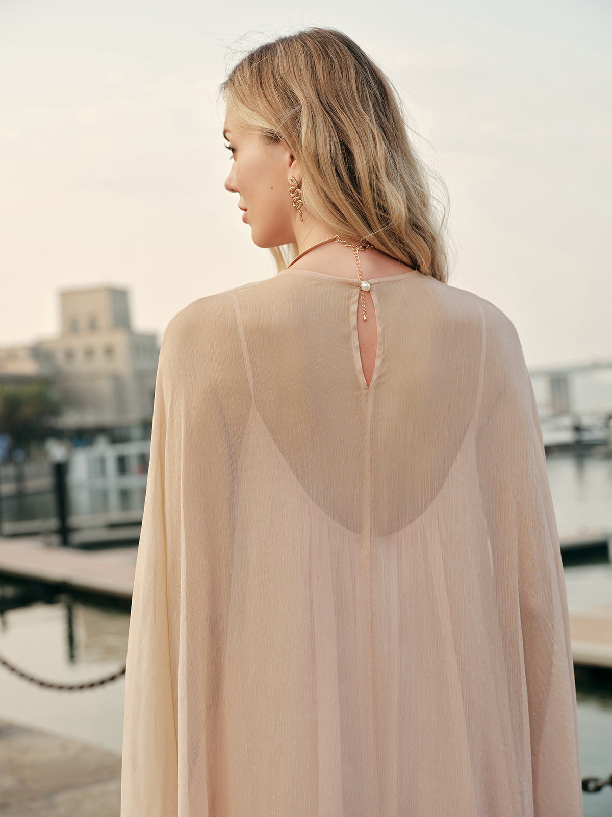 Semi-Sheer Chiffon Layered Dress With Cloak-Massicos