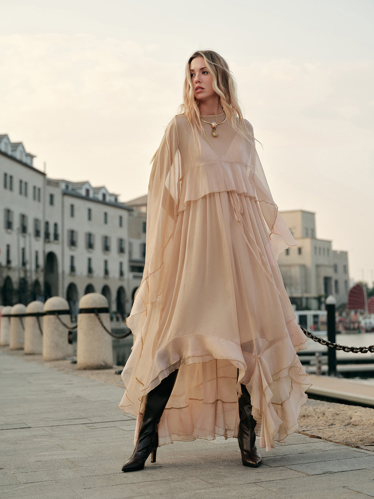 Semi-Sheer Chiffon Layered Dress With Cloak-Massicos