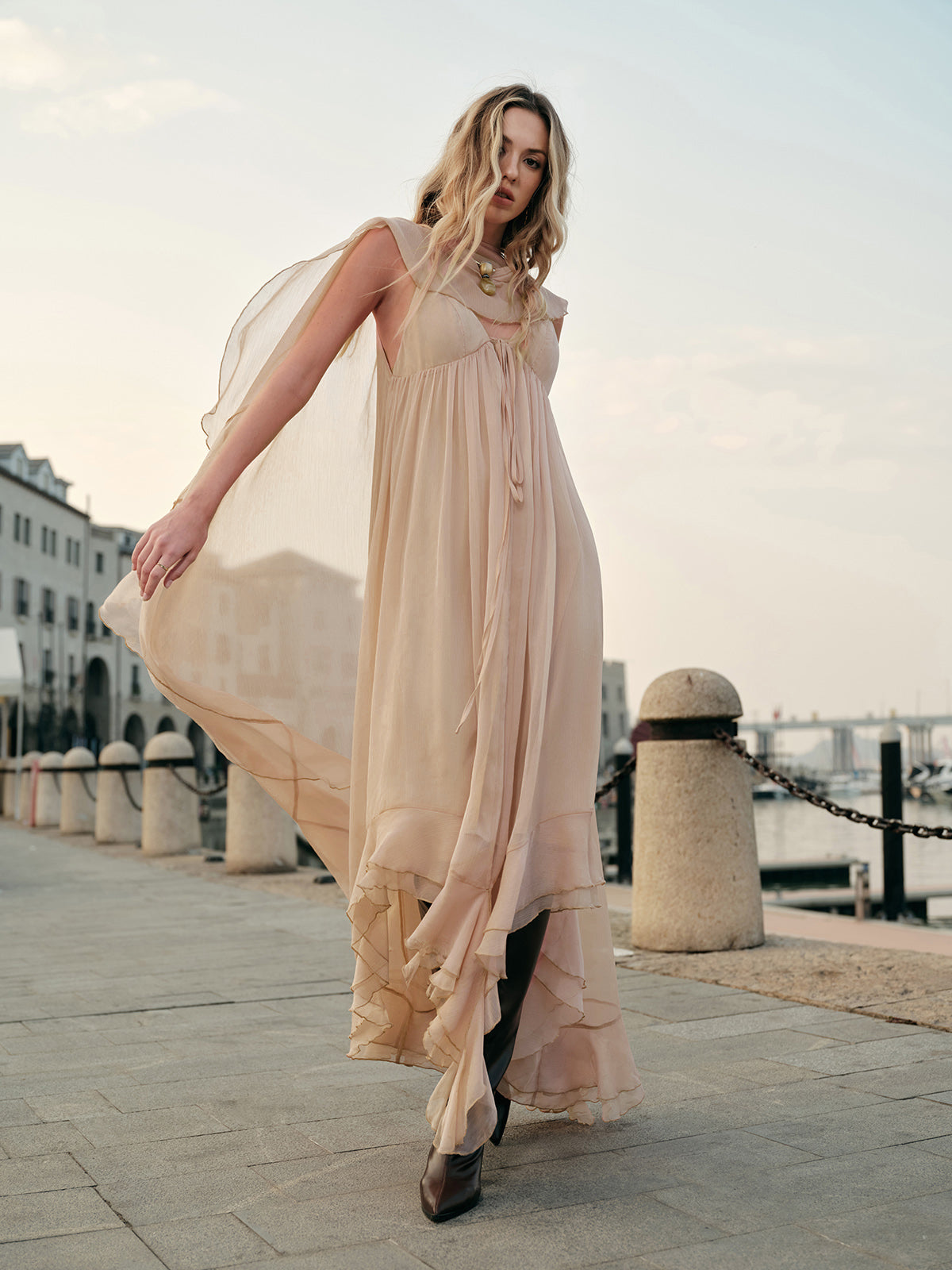Semi-Sheer Chiffon Layered Dress With Cloak-Massicos