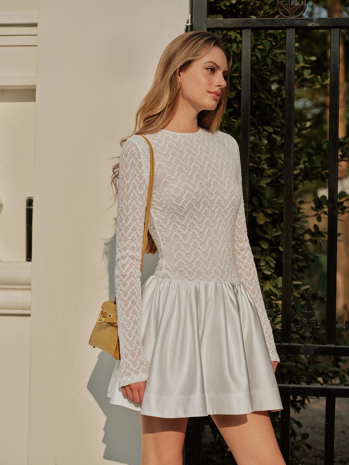 Semi-Sheer Lace Satin Panel Long Sleeve Dress-Massicos