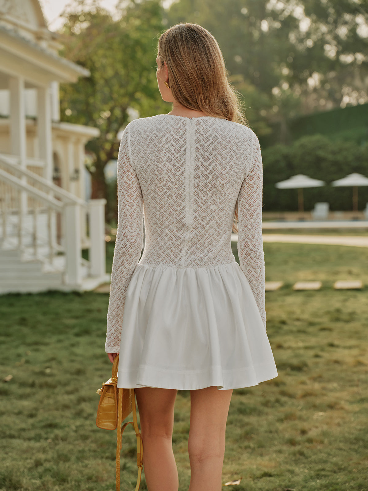 Semi-Sheer Lace Satin Panel Long Sleeve Dress-Massicos