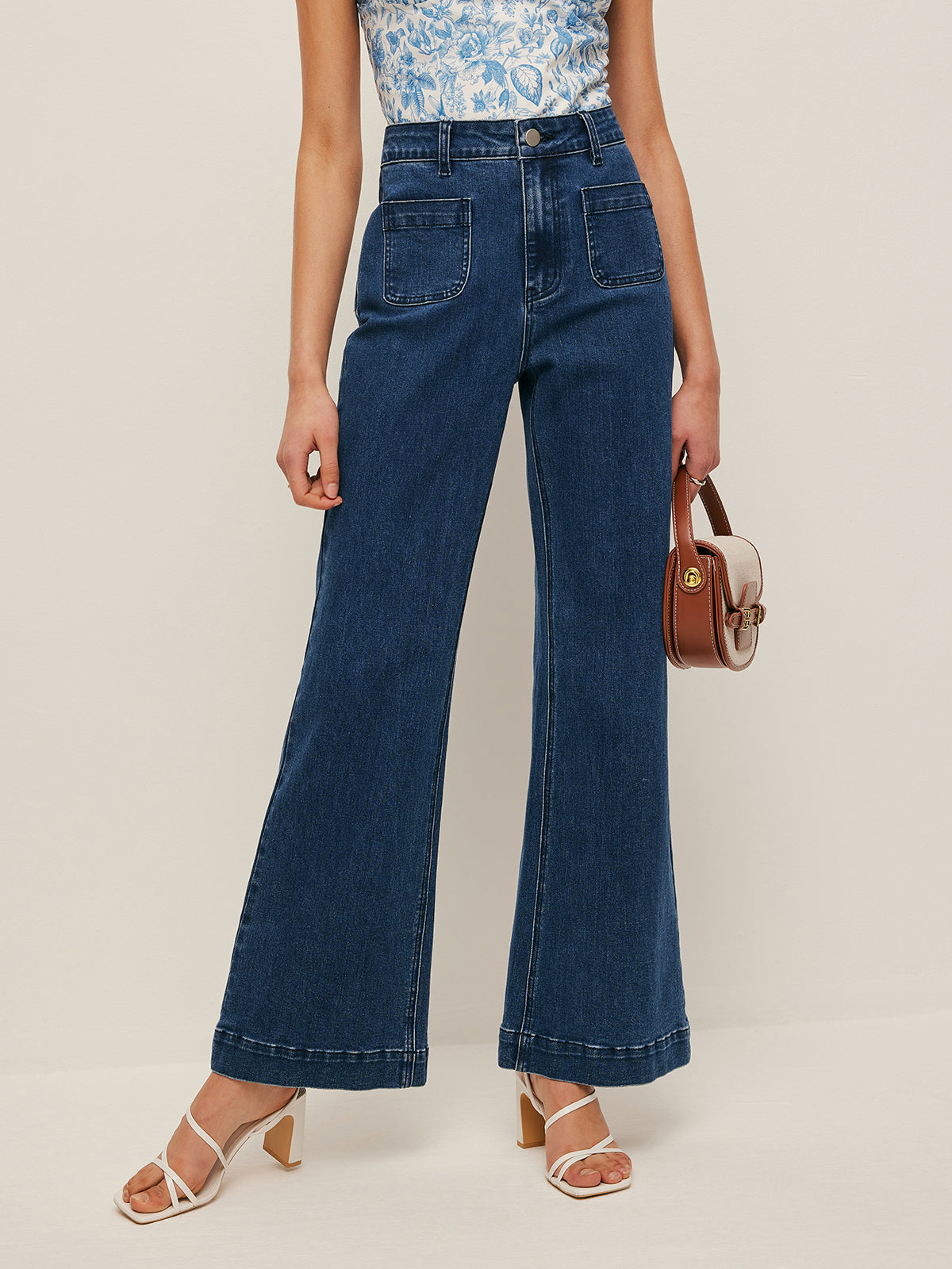 High-Waist Pocket Detail Wide-Leg Jeans-Massicos