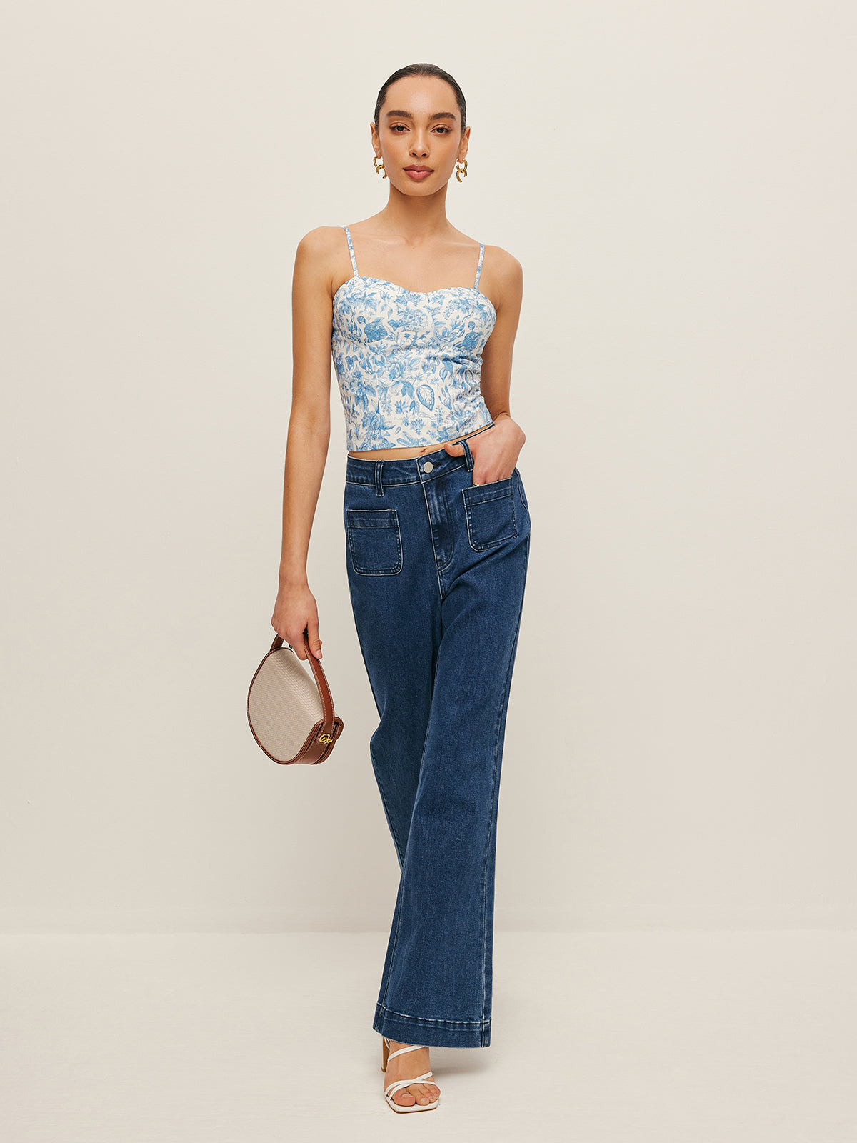 High-Waist Pocket Detail Wide-Leg Jeans-Massicos