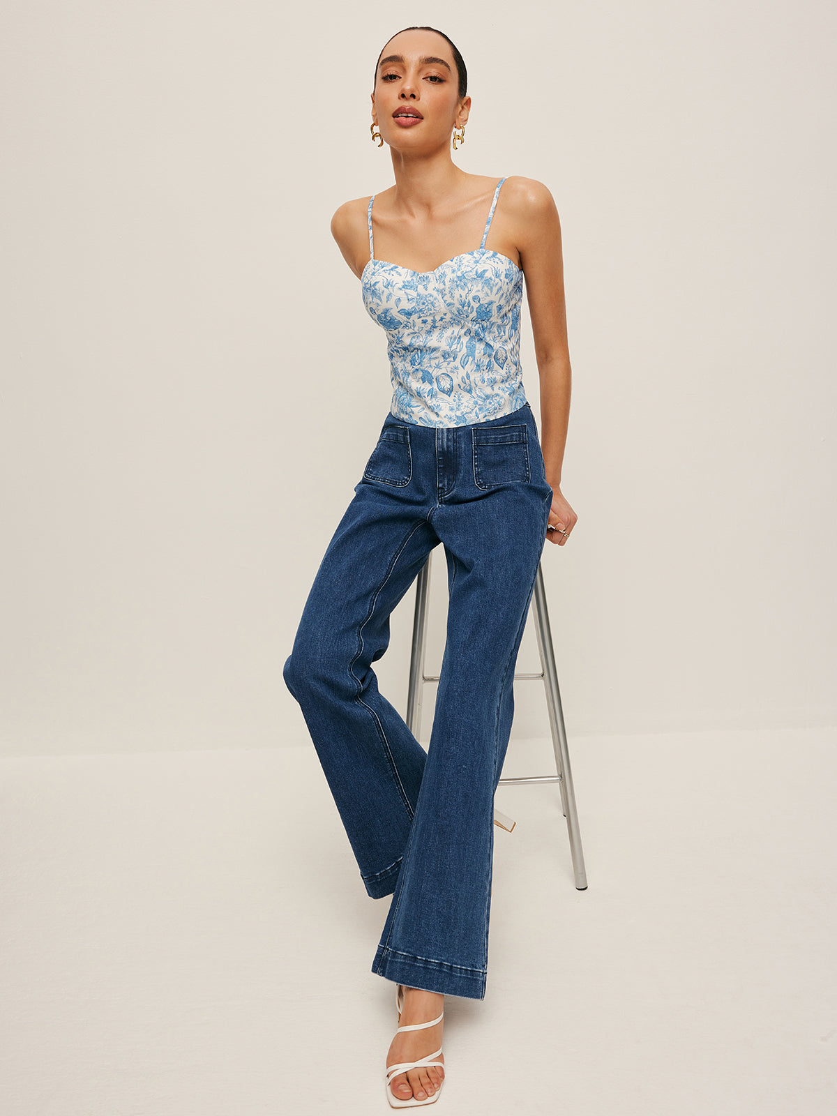 High-Waist Pocket Detail Wide-Leg Jeans-Massicos
