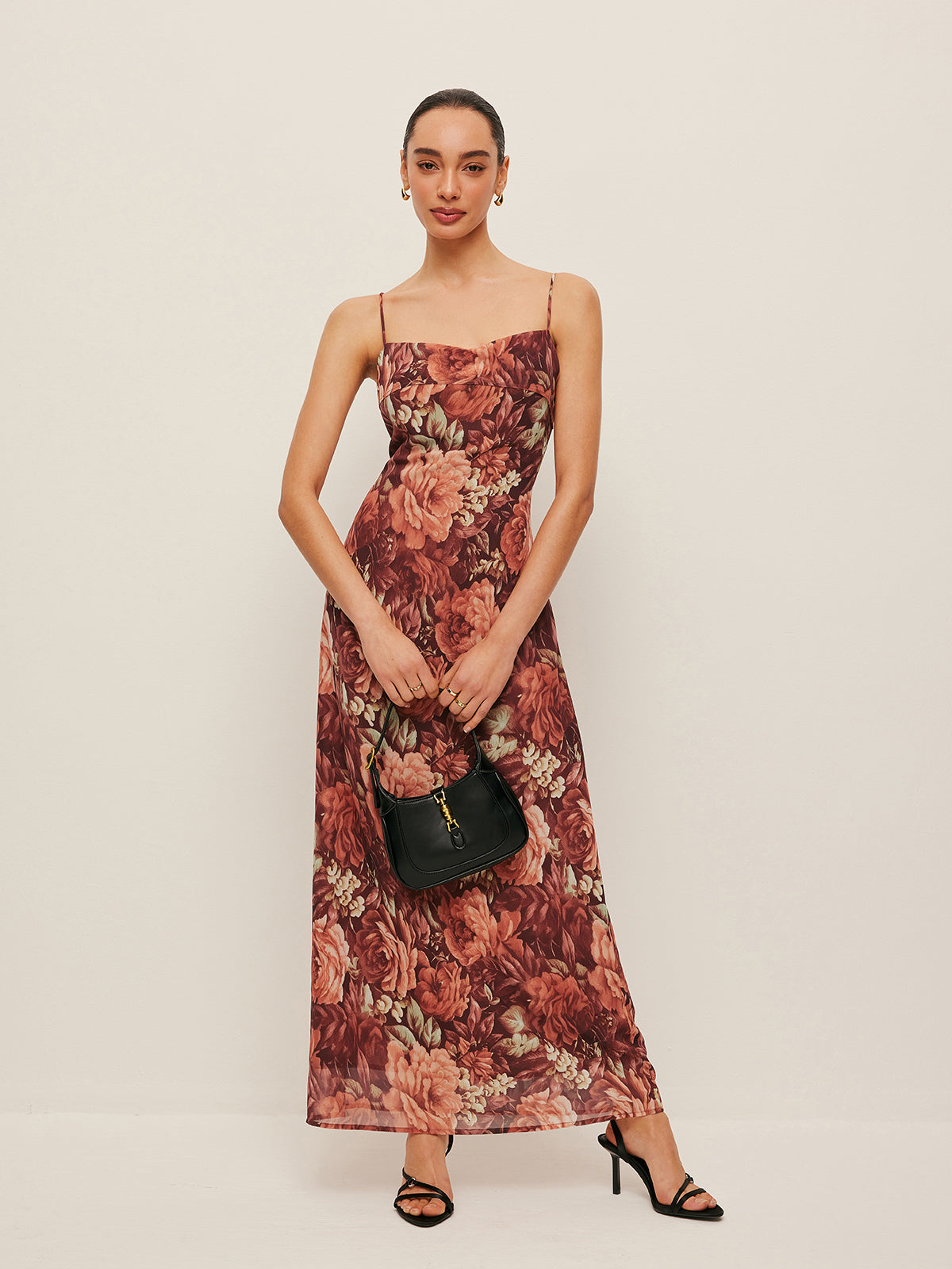 Semi-Sheer Floral Chiffon Cami Dress-Massicos