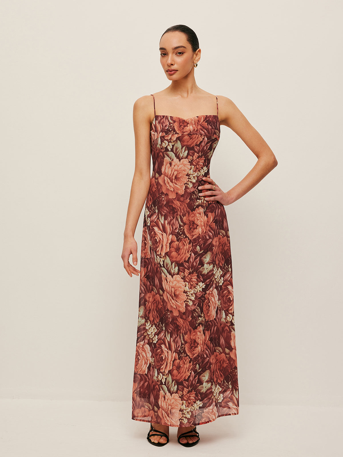 Semi-Sheer Floral Chiffon Cami Dress-Massicos