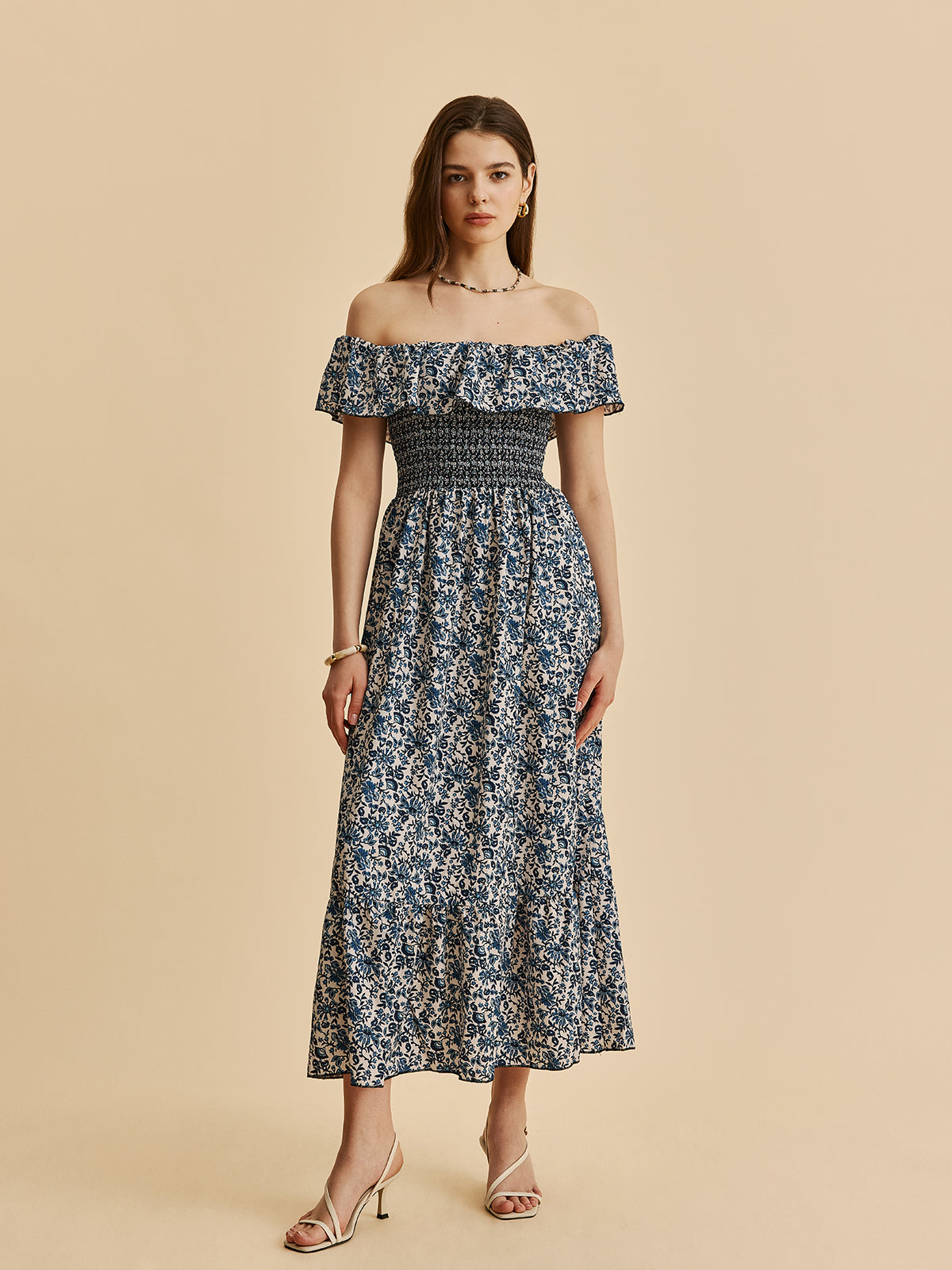 Boho Smocked Off-Shoulder Ruffle Floral Dress-Massicos